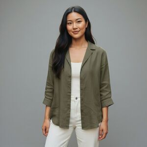 Max Studio Shirt Size M 100% Linen Olive Green Button Front 3/4 Sleeve